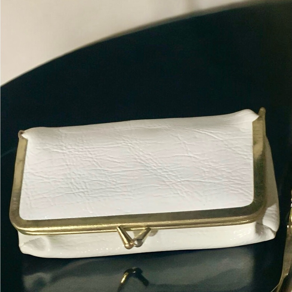 Vintage Made in Hong Kong White Clutch w/ Metal Gold Tone Trim - Picture 1 of 12